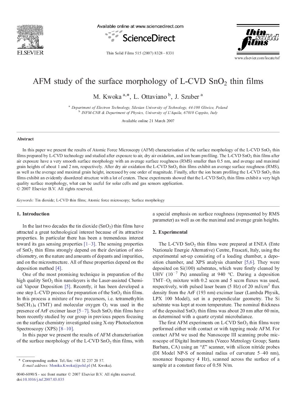 AFM study of the surface morphology of L-CVD SnO2 thin films