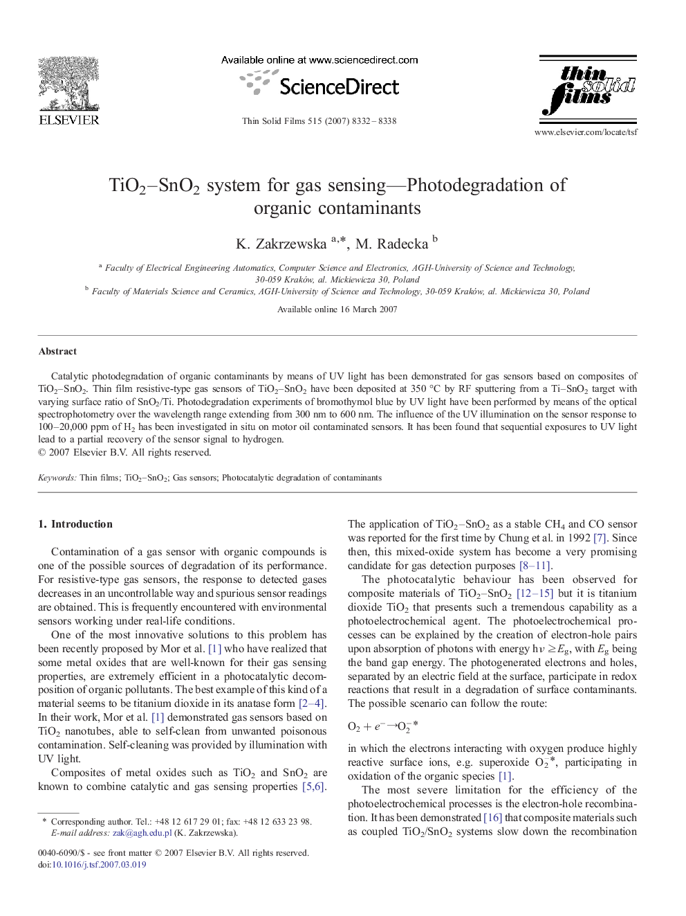 TiO2–SnO2 system for gas sensing—Photodegradation of organic contaminants