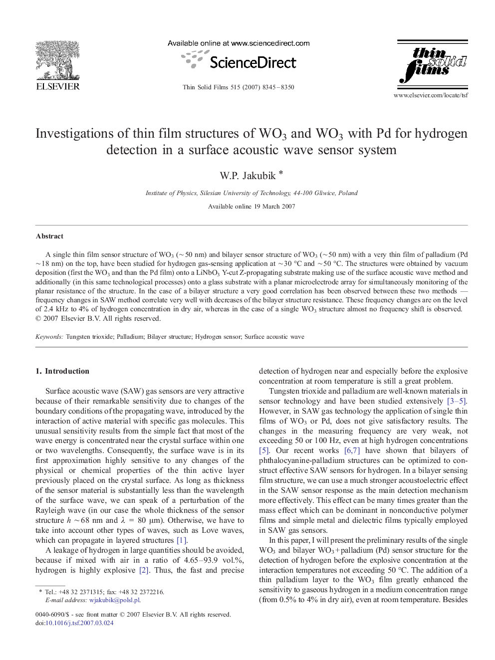 Investigations of thin film structures of WO3 and WO3 with Pd for hydrogen detection in a surface acoustic wave sensor system