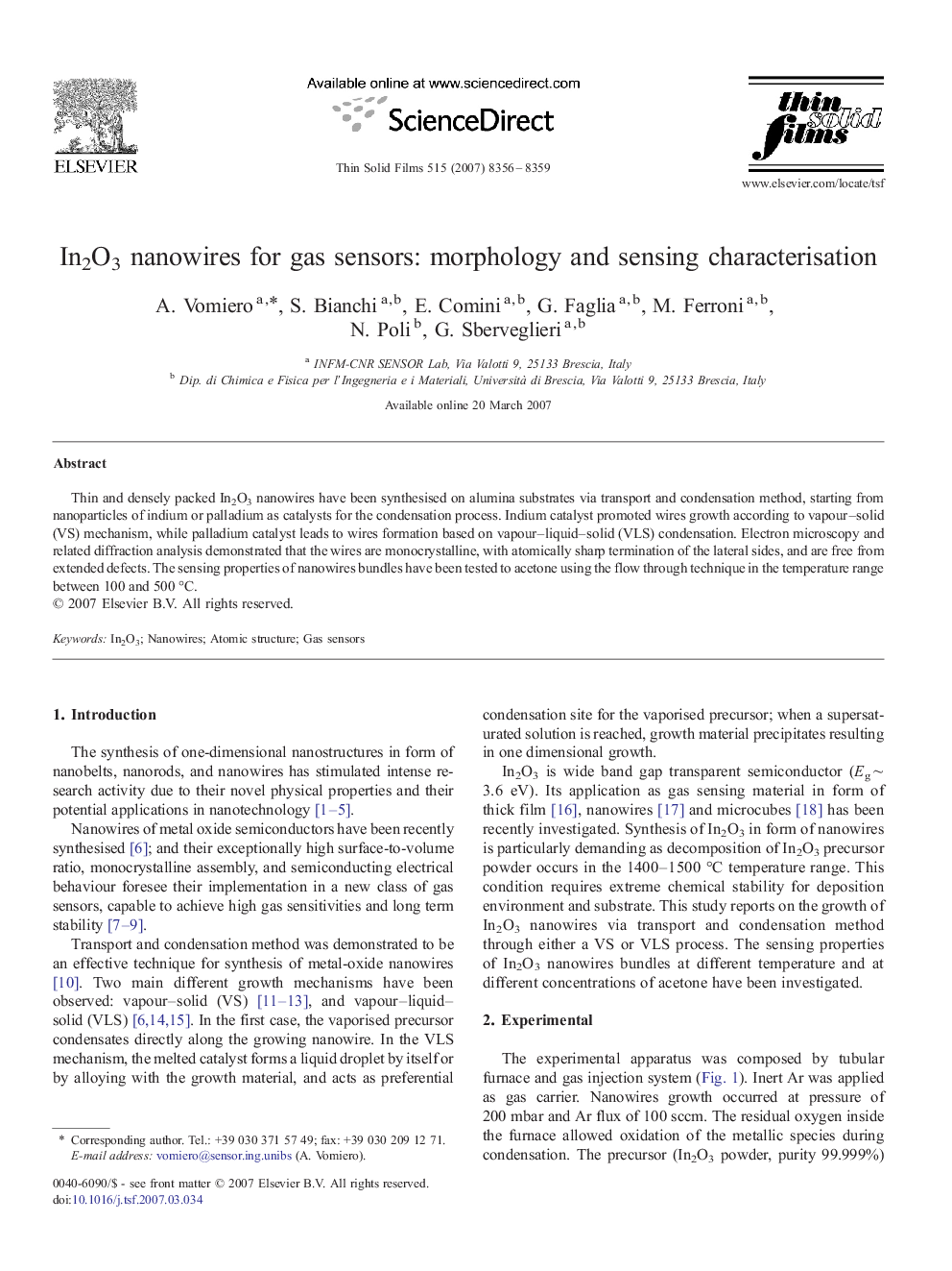 In2O3 nanowires for gas sensors: morphology and sensing characterisation