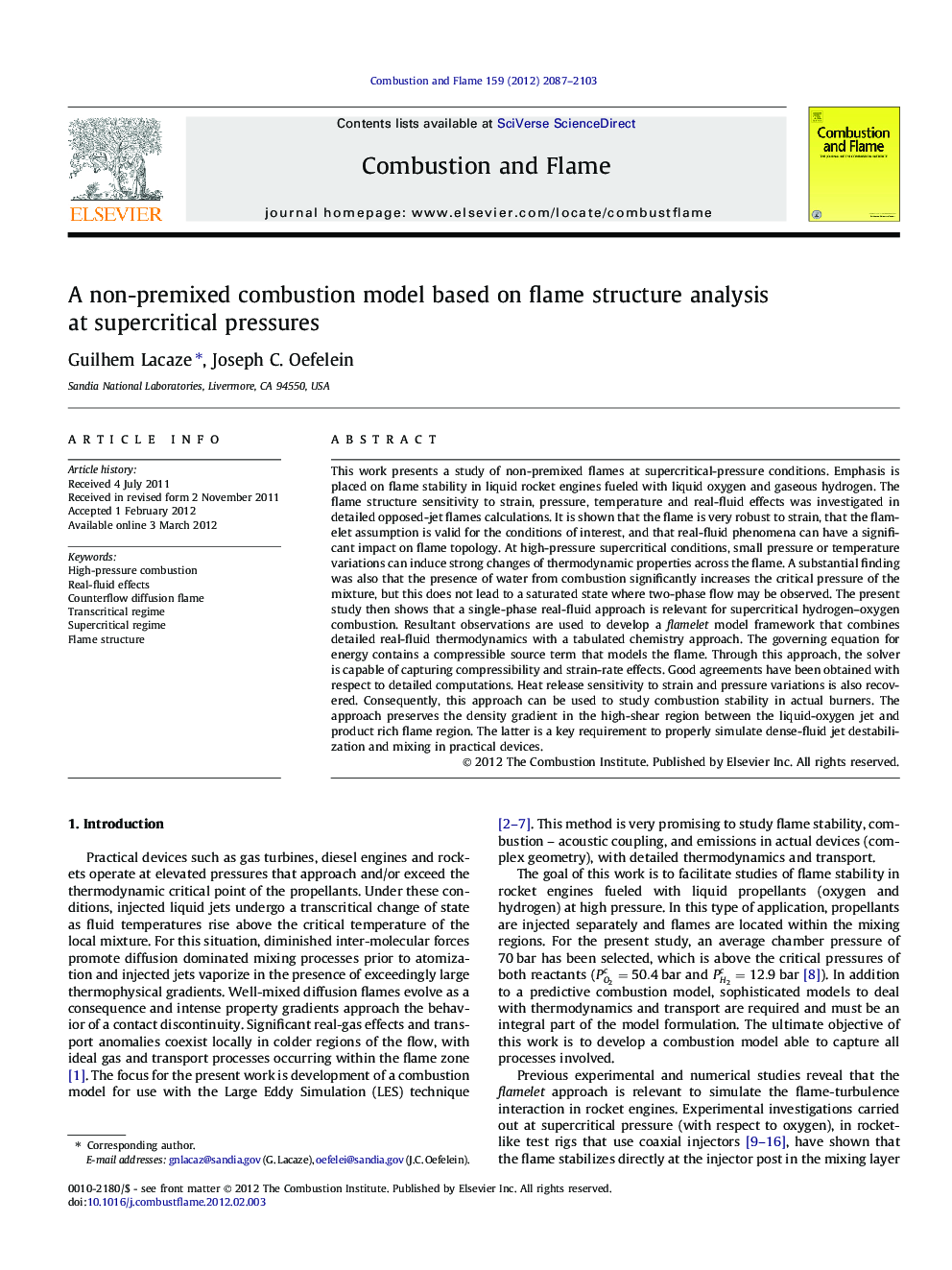 A non-premixed combustion model based on flame structure analysis at supercritical pressures