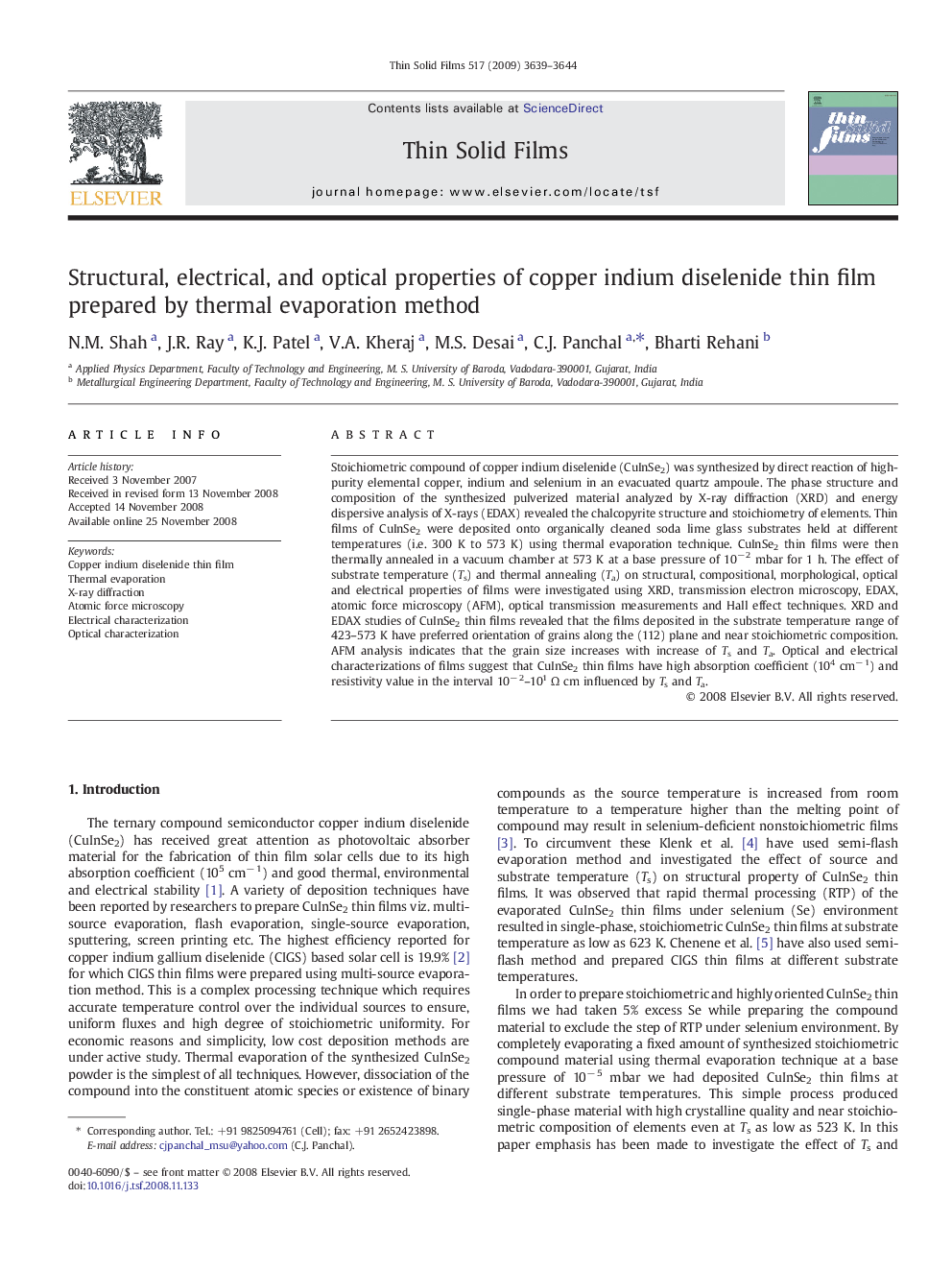 Structural, electrical, and optical properties of copper indium diselenide thin film prepared by thermal evaporation method