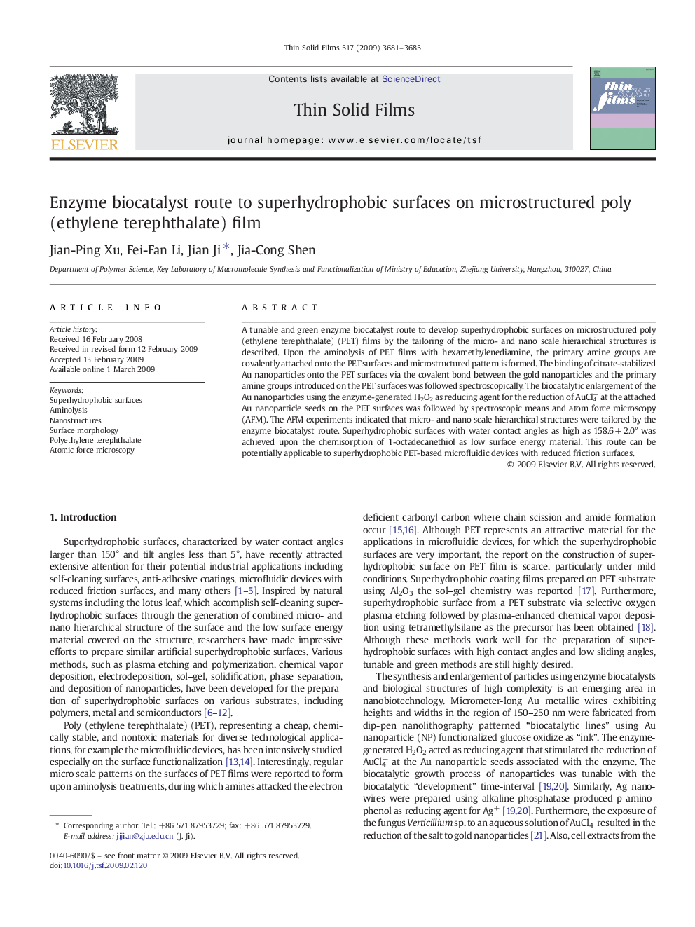 Enzyme biocatalyst route to superhydrophobic surfaces on microstructured poly(ethylene terephthalate) film