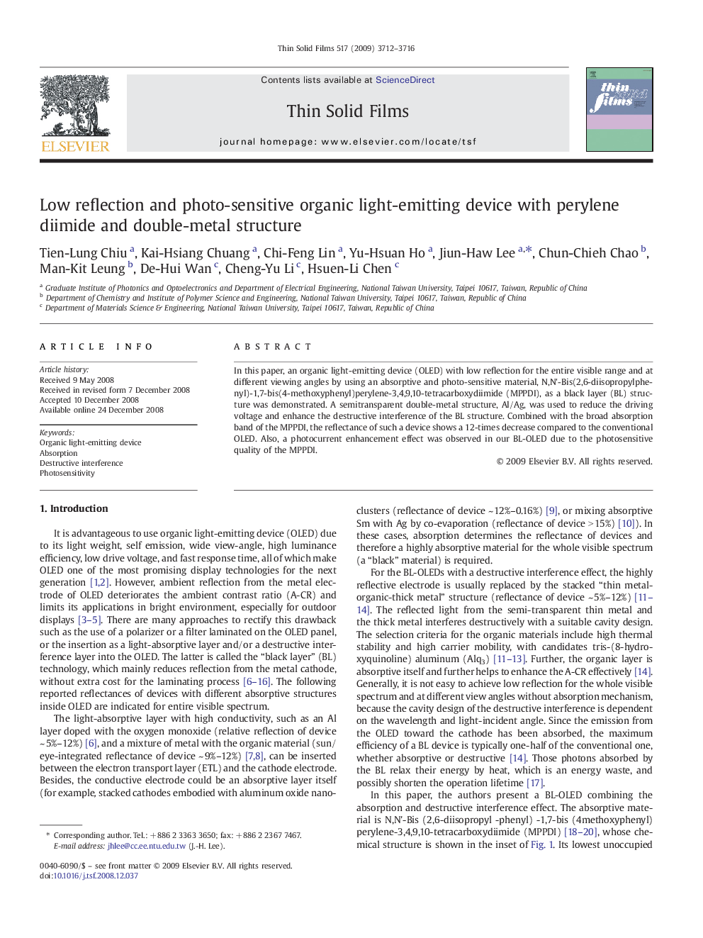 Low reflection and photo-sensitive organic light-emitting device with perylene diimide and double-metal structure