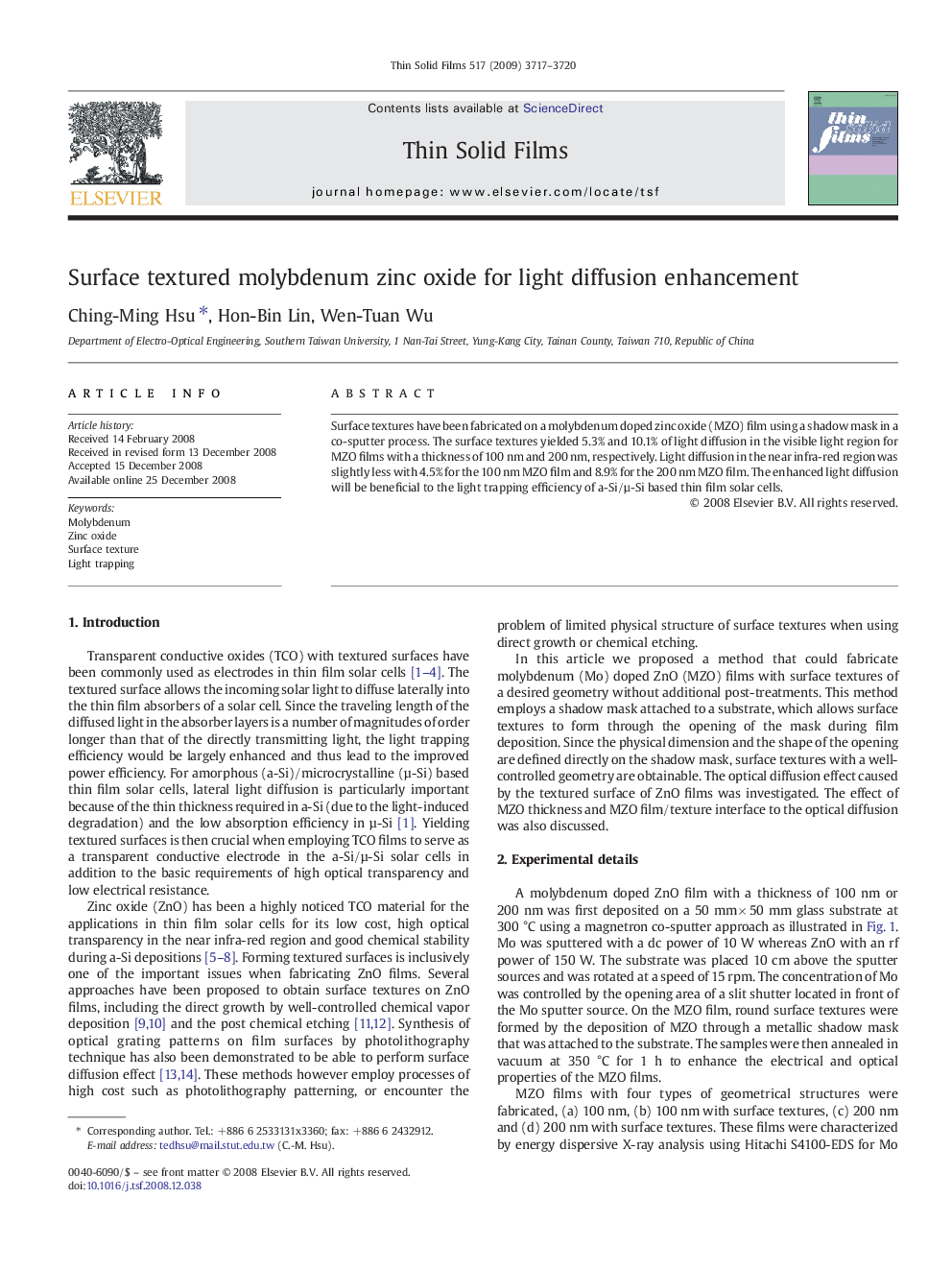 Surface textured molybdenum zinc oxide for light diffusion enhancement