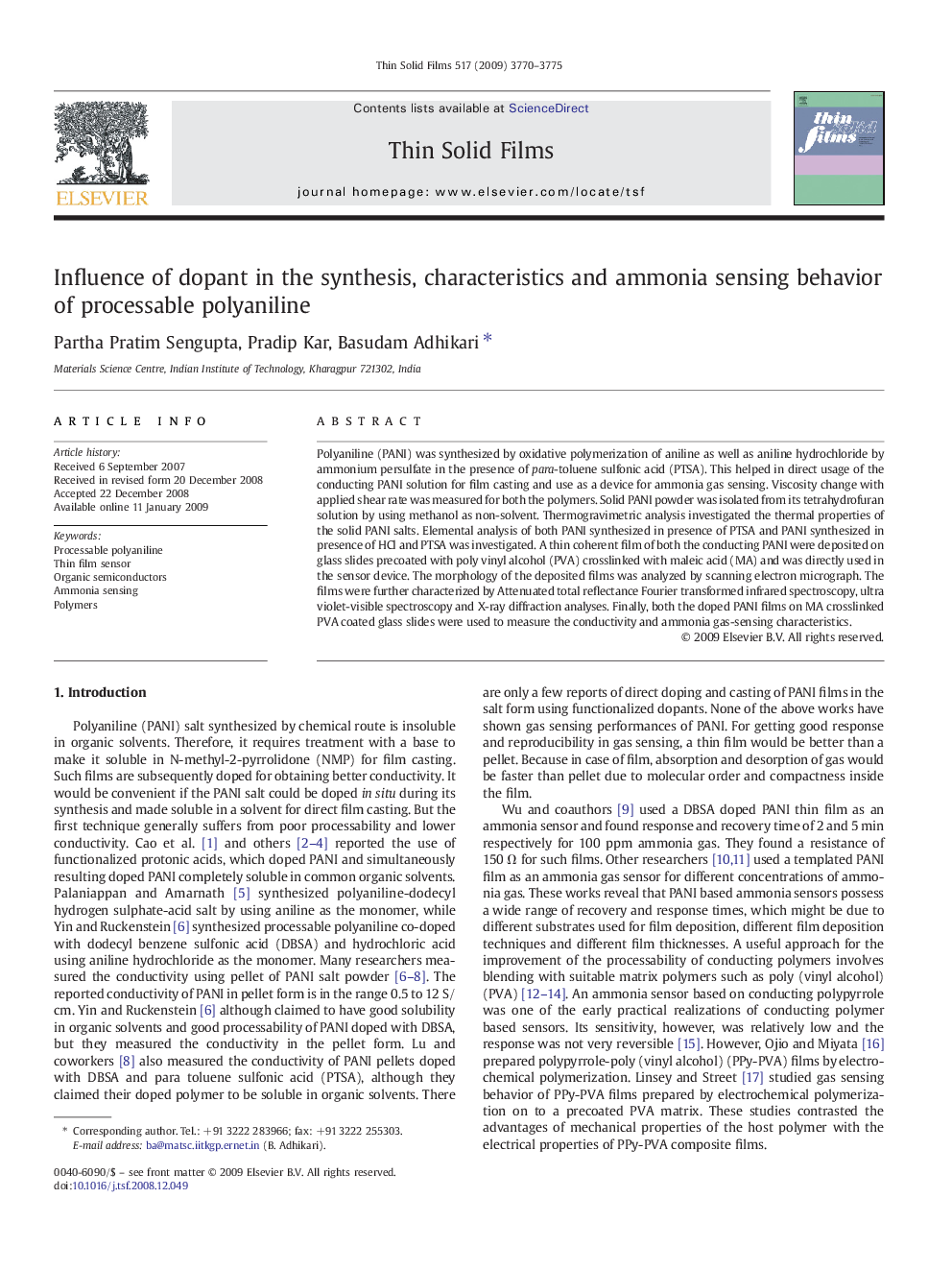 Influence of dopant in the synthesis, characteristics and ammonia sensing behavior of processable polyaniline