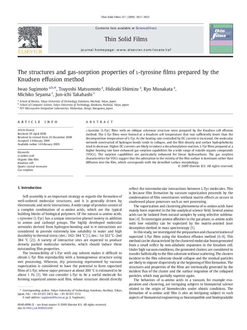 The structures and gas-sorption properties of l-tyrosine films prepared by the Knudsen effusion method