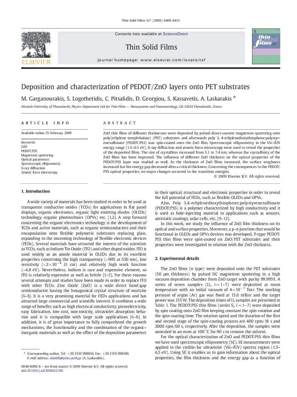 Deposition and characterization of PEDOT/ZnO layers onto PET substrates