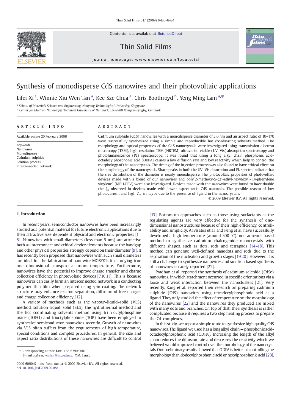 Synthesis of monodisperse CdS nanowires and their photovoltaic applications