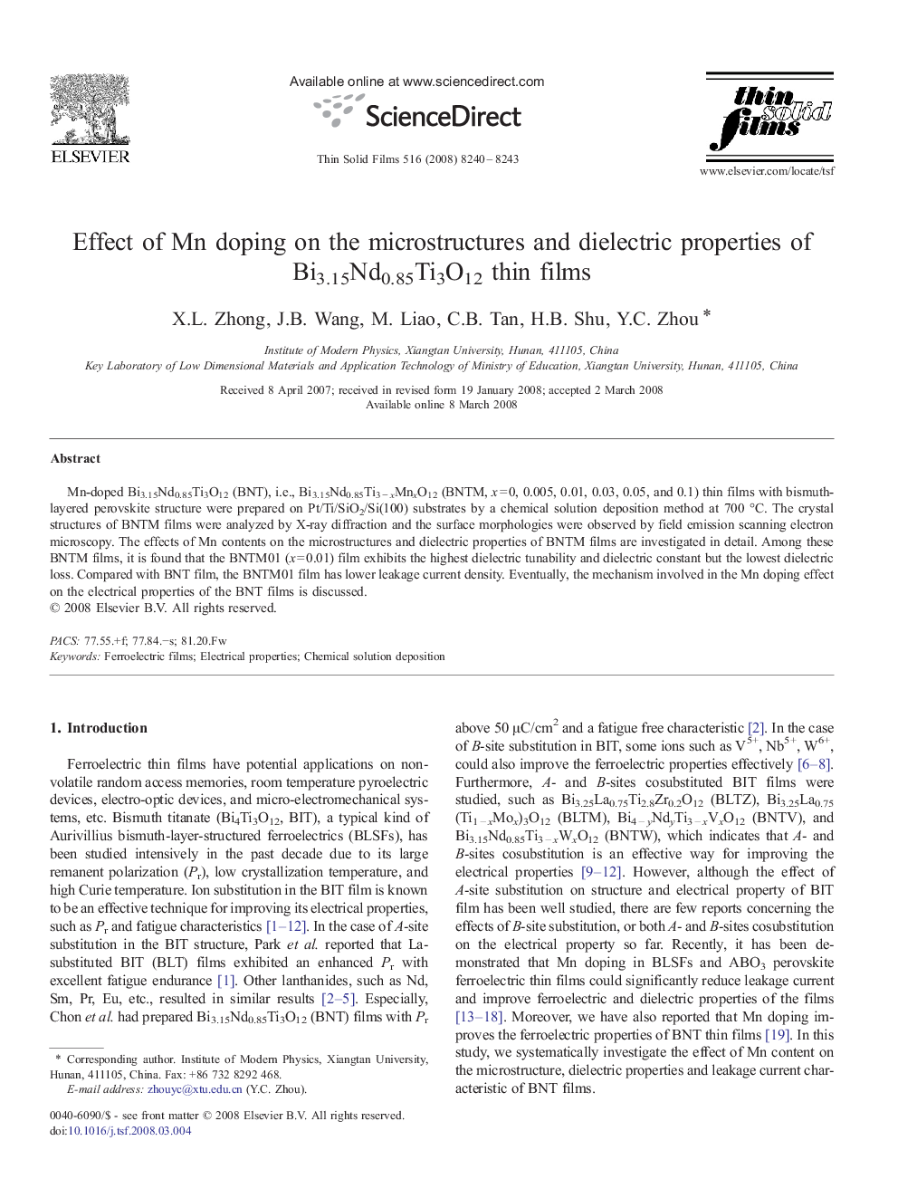 Effect of Mn doping on the microstructures and dielectric properties of Bi3.15Nd0.85Ti3O12 thin films