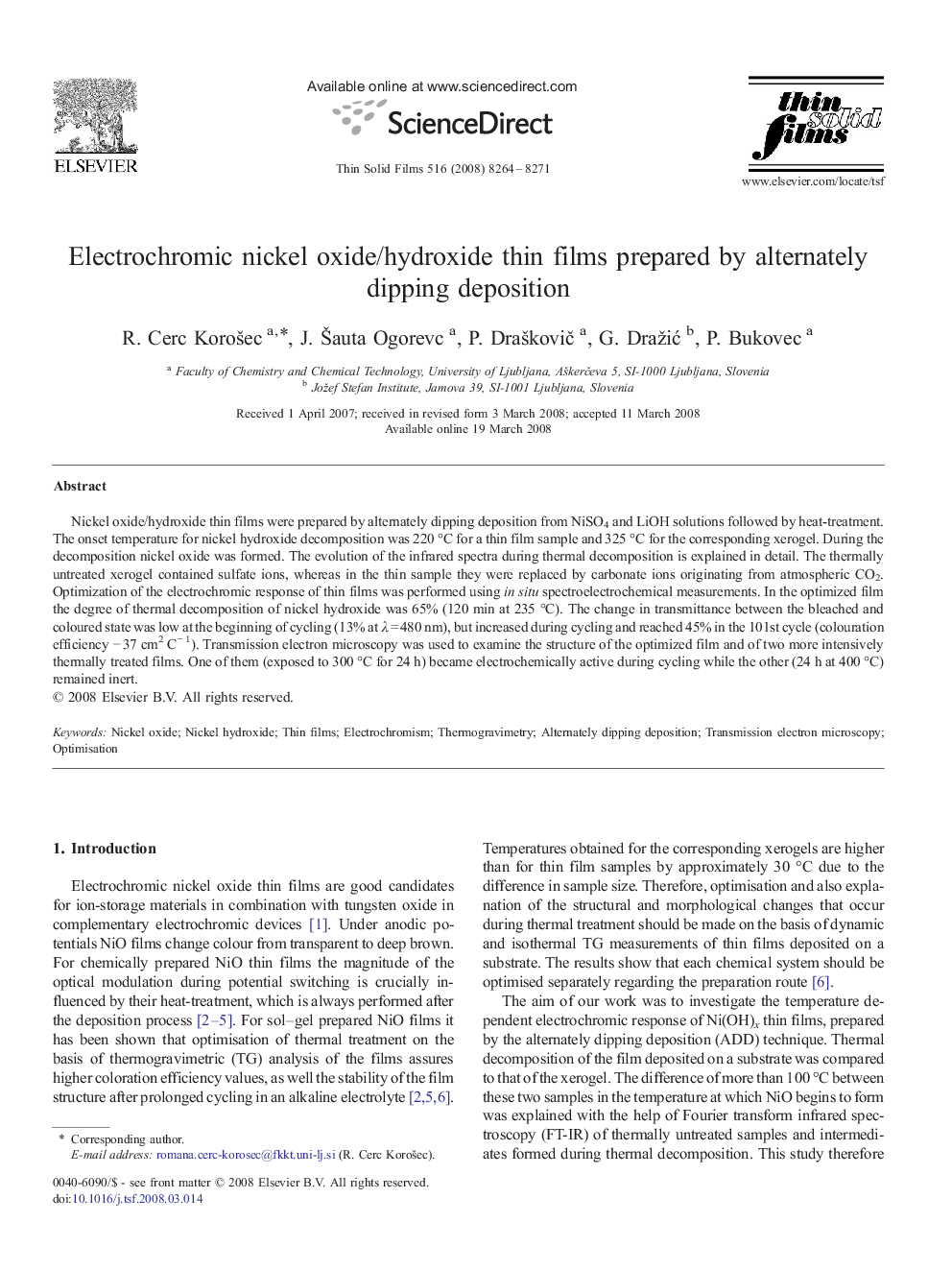 Electrochromic nickel oxide/hydroxide thin films prepared by alternately dipping deposition