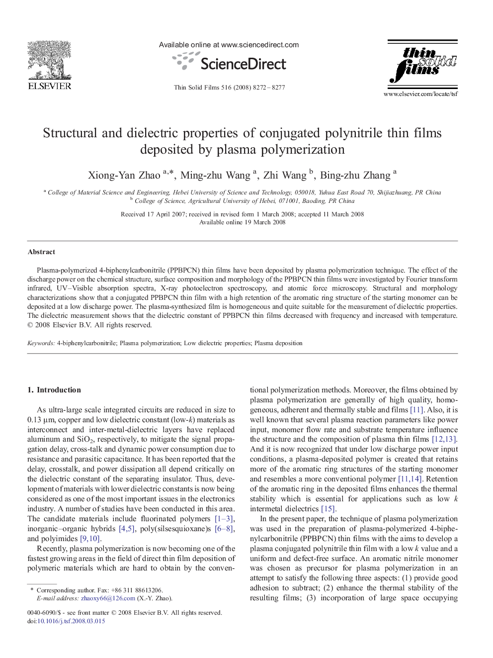 Structural and dielectric properties of conjugated polynitrile thin films deposited by plasma polymerization