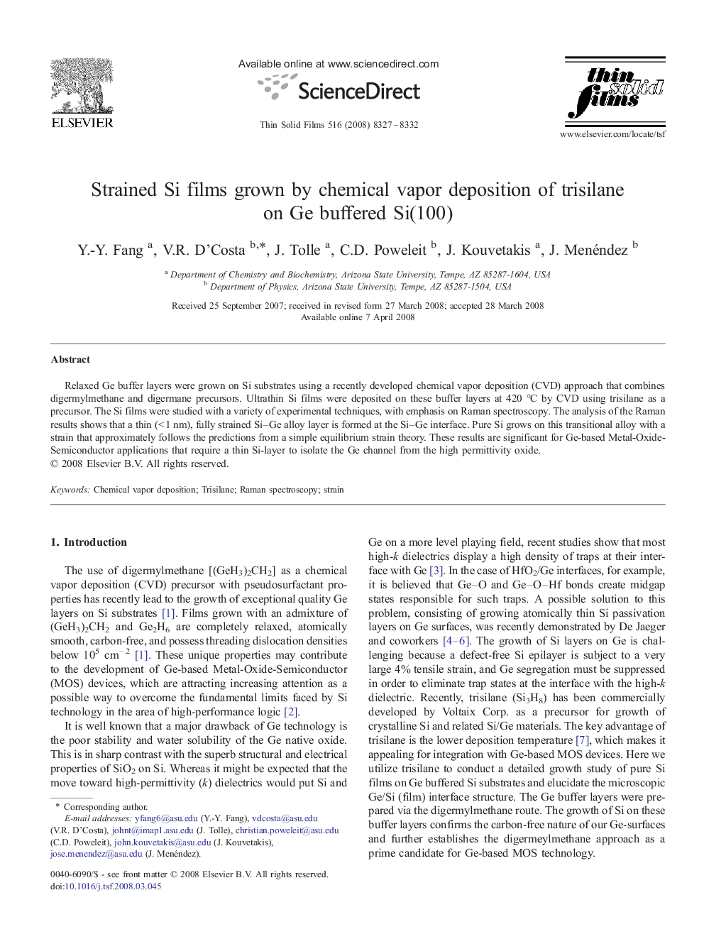 Strained Si films grown by chemical vapor deposition of trisilane on Ge buffered Si(100)