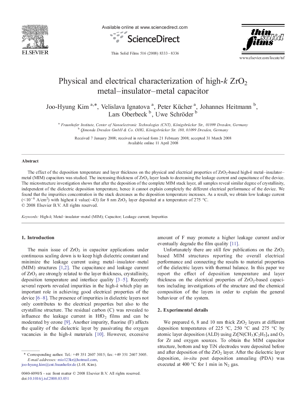 Physical and electrical characterization of high-k ZrO2 metal-insulator-metal capacitor