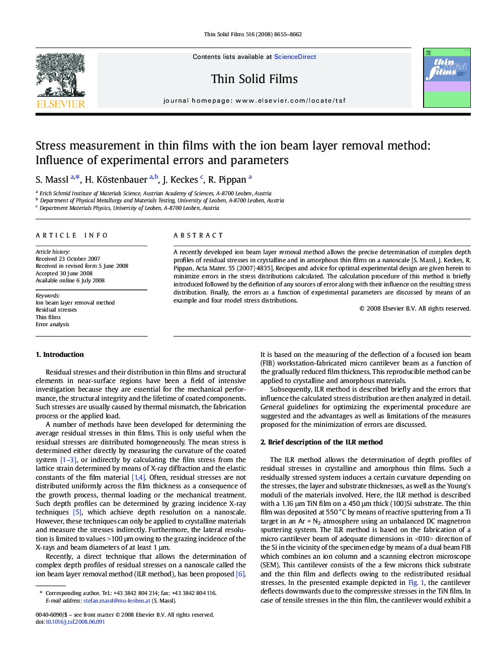 Stress measurement in thin films with the ion beam layer removal method: Influence of experimental errors and parameters