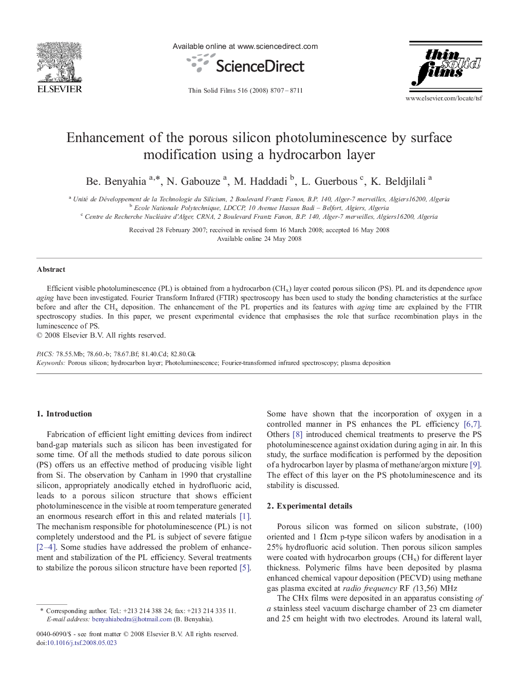 Enhancement of the porous silicon photoluminescence by surface modification using a hydrocarbon layer