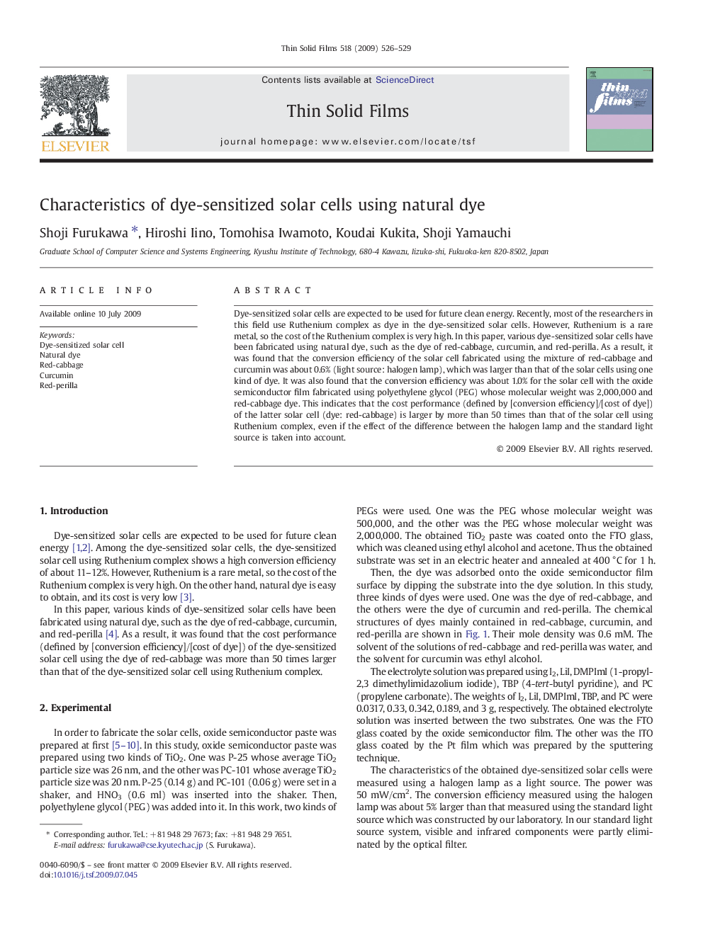 Characteristics of dye-sensitized solar cells using natural dye