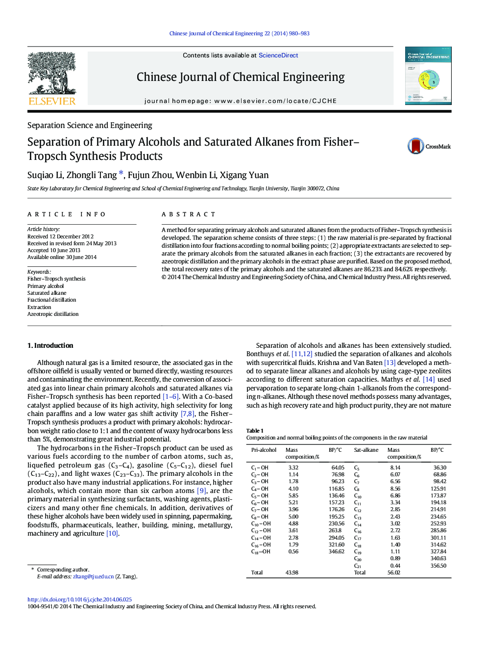 Separation of Primary Alcohols and Saturated Alkanes from Fisher–Tropsch Synthesis Products