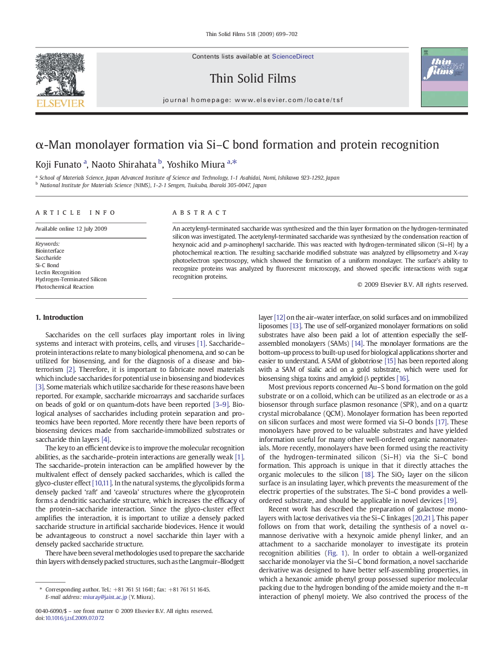 α-Man monolayer formation via Si–C bond formation and protein recognition