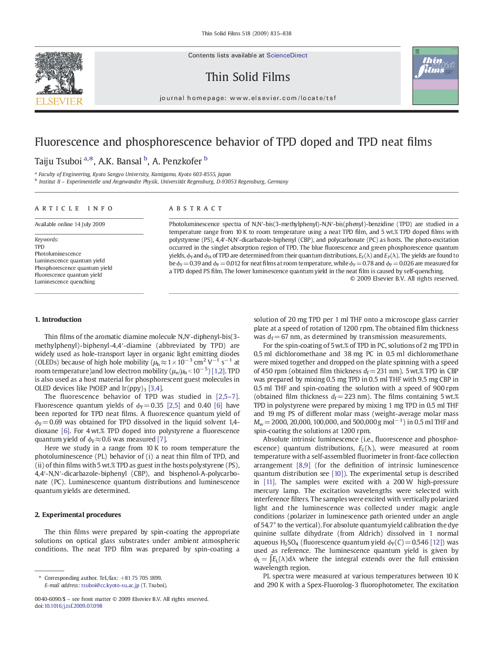 Fluorescence and phosphorescence behavior of TPD doped and TPD neat films