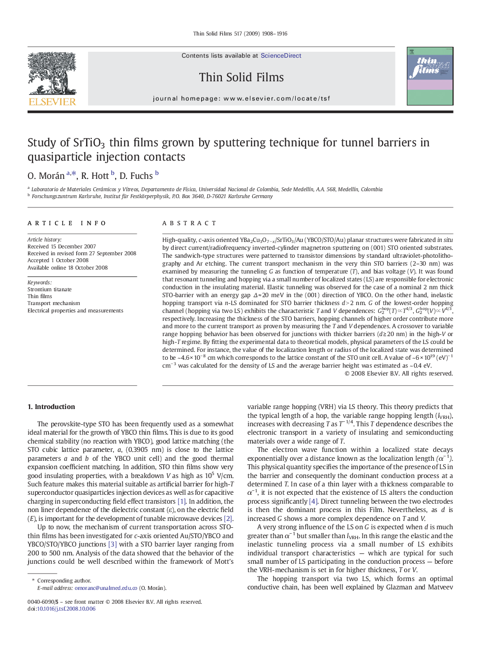 Study of SrTiO3 thin films grown by sputtering technique for tunnel barriers in quasiparticle injection contacts