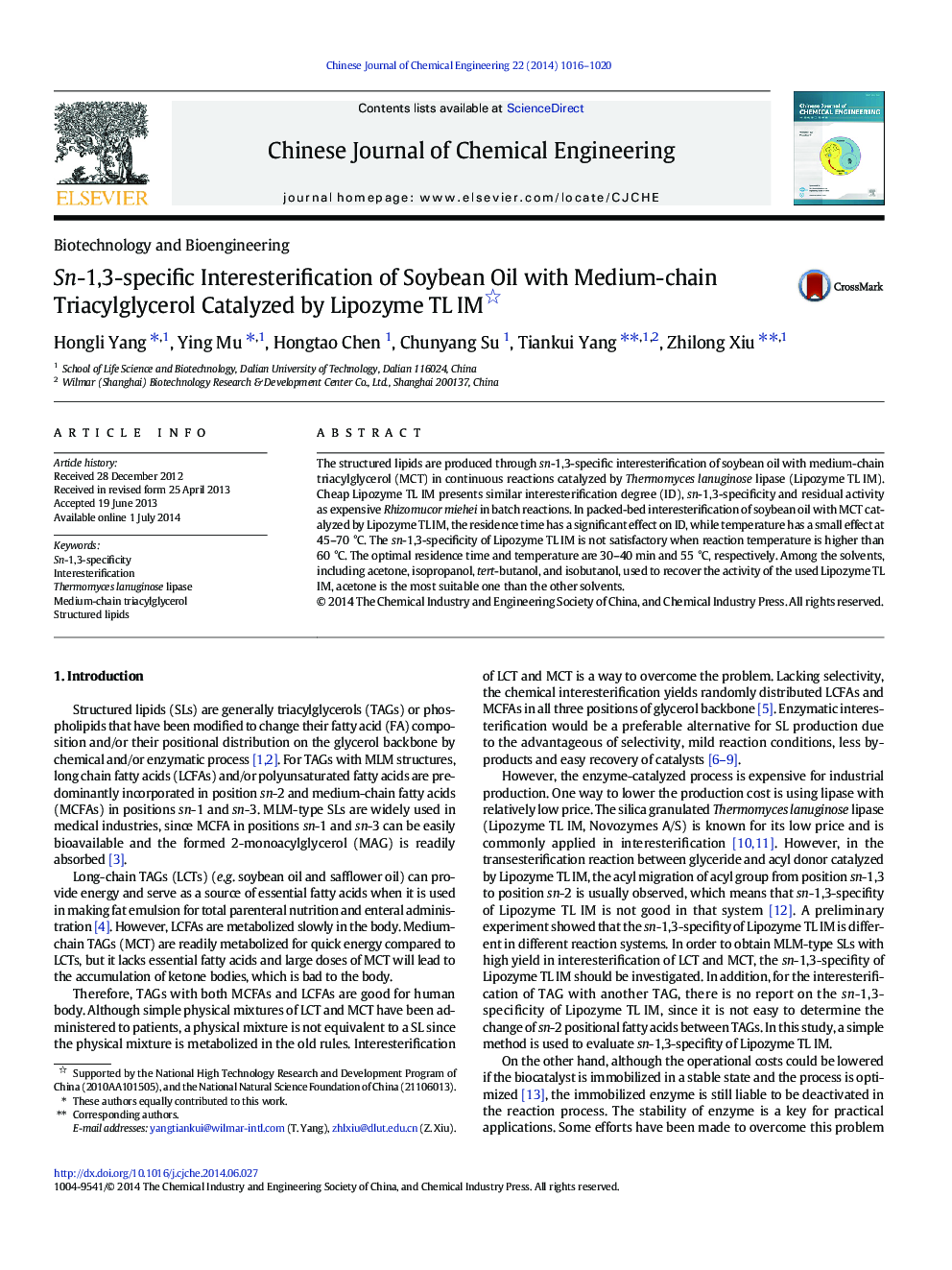 Sn-1,3-specific Interesterification of Soybean Oil with Medium-chain Triacylglycerol Catalyzed by Lipozyme TL IM 