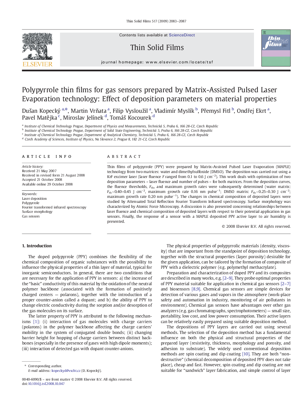 Polypyrrole thin films for gas sensors prepared by Matrix-Assisted Pulsed Laser Evaporation technology: Effect of deposition parameters on material properties