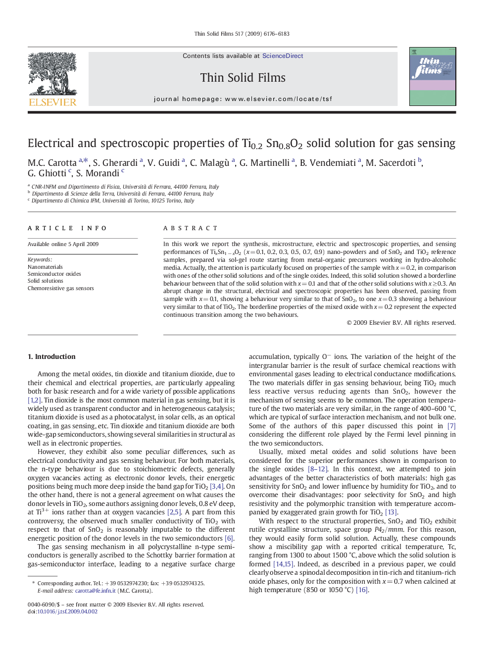 Electrical and spectroscopic properties of Ti0.2 Sn0.8O2 solid solution for gas sensing