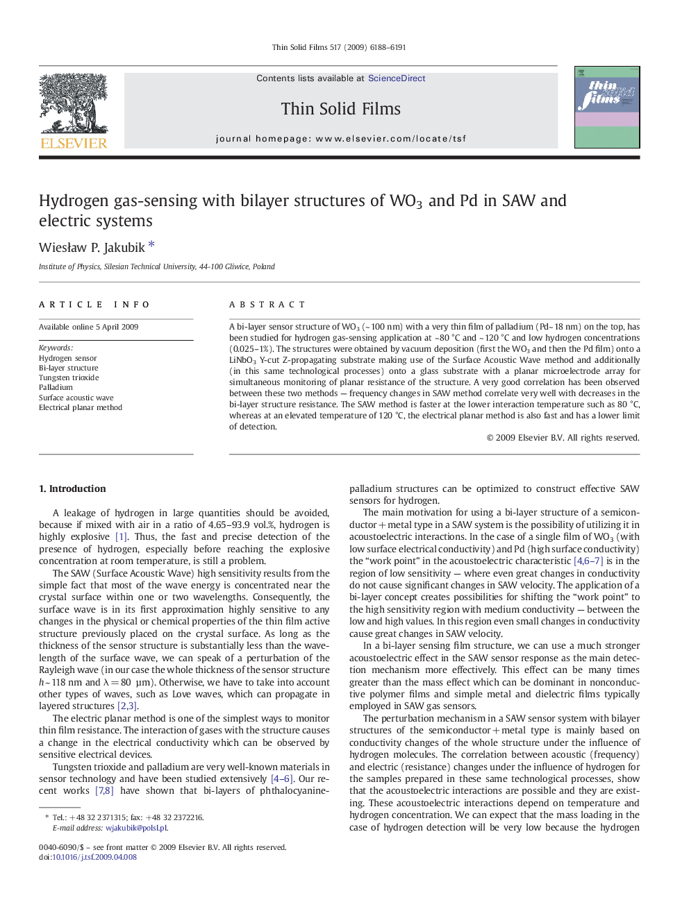 Hydrogen gas-sensing with bilayer structures of WO3 and Pd in SAW and electric systems