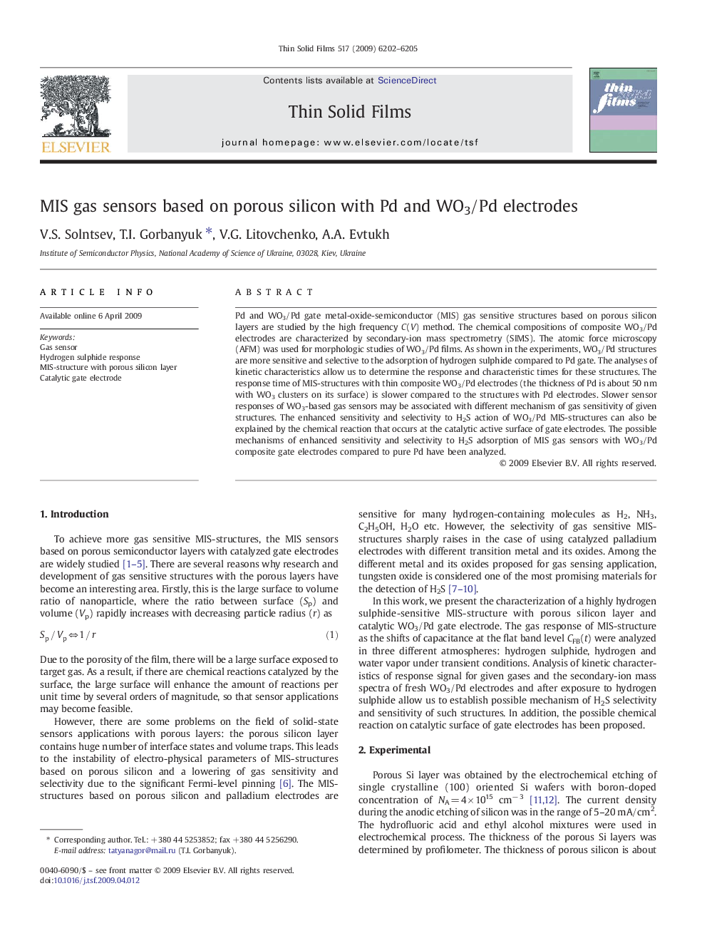 MIS gas sensors based on porous silicon with Pd and WO3/Pd electrodes