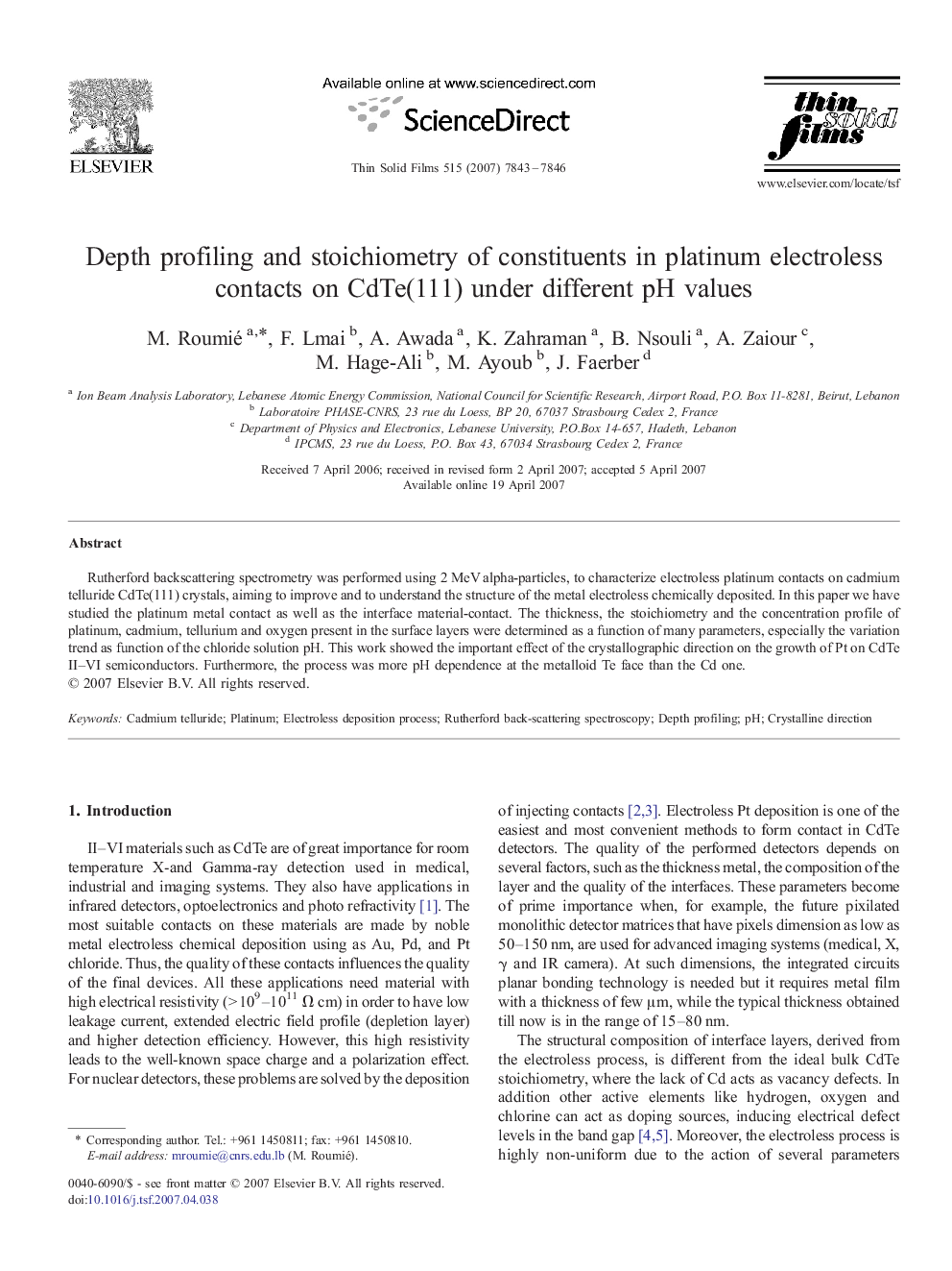 Depth profiling and stoichiometry of constituents in platinum electroless contacts on CdTe(111) under different pH values