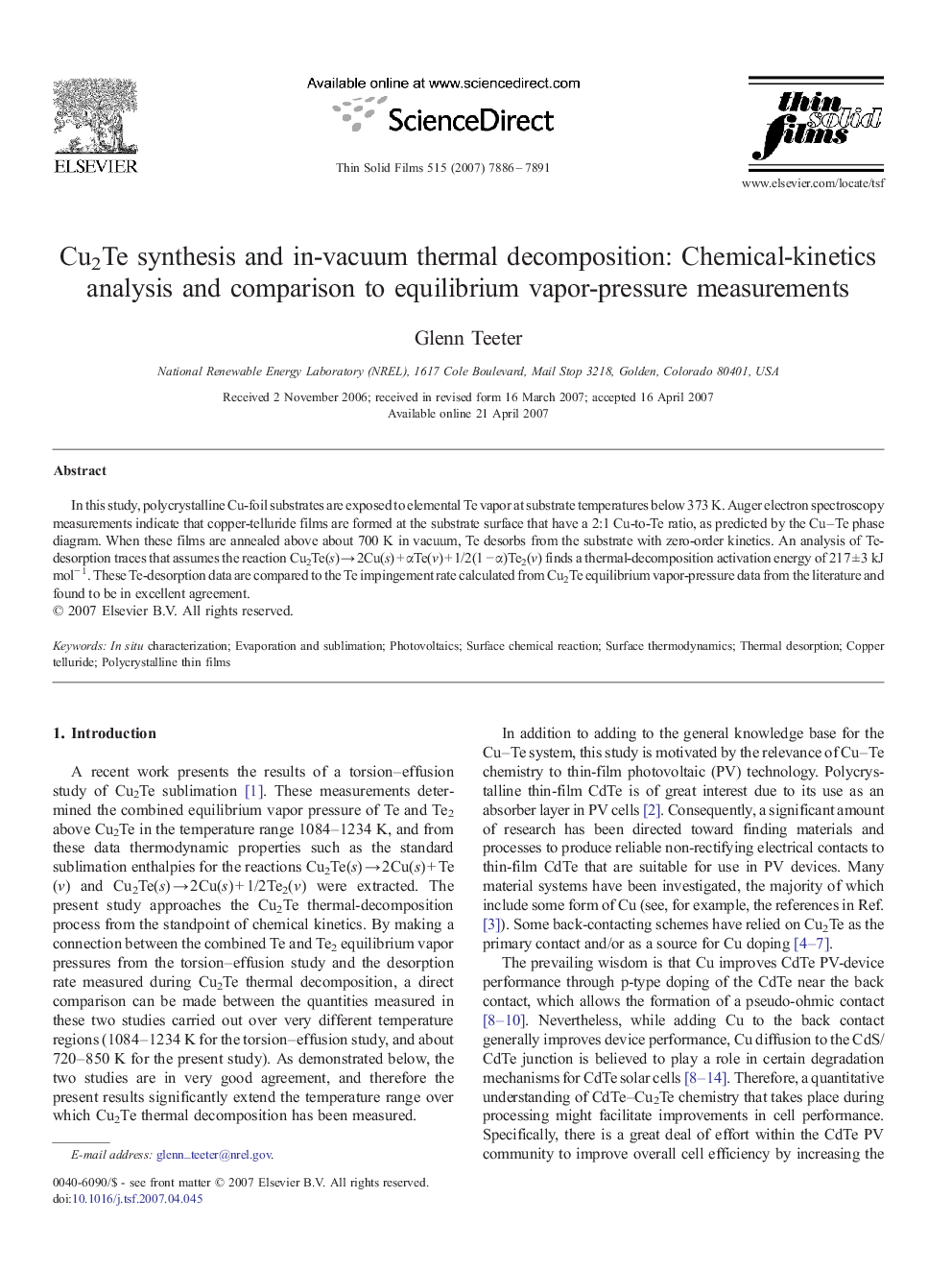 Cu2Te synthesis and in-vacuum thermal decomposition: Chemical-kinetics analysis and comparison to equilibrium vapor-pressure measurements