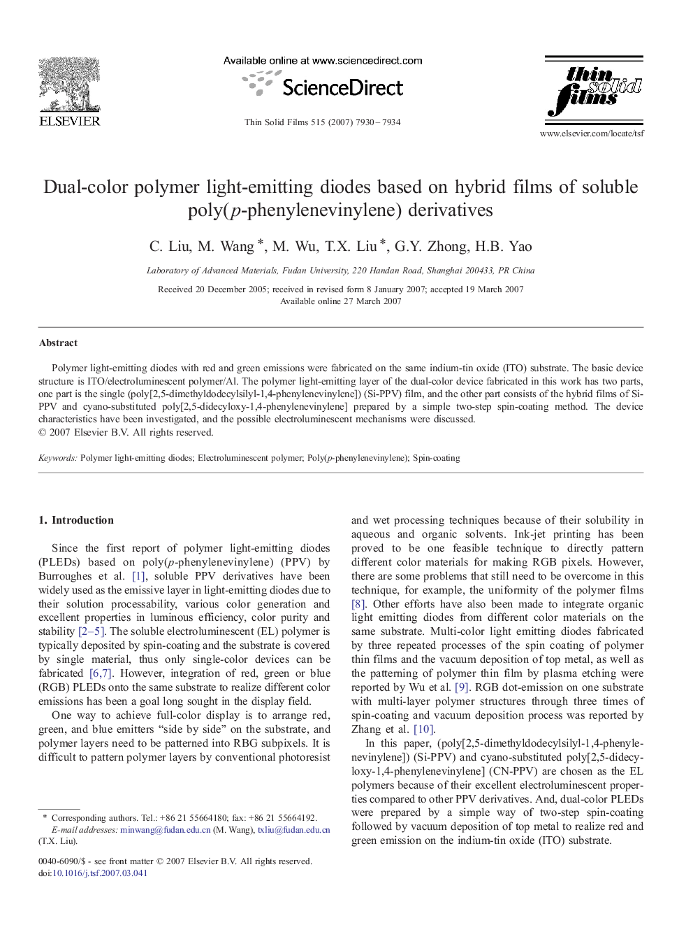 Dual-color polymer light-emitting diodes based on hybrid films of soluble poly(p-phenylenevinylene) derivatives