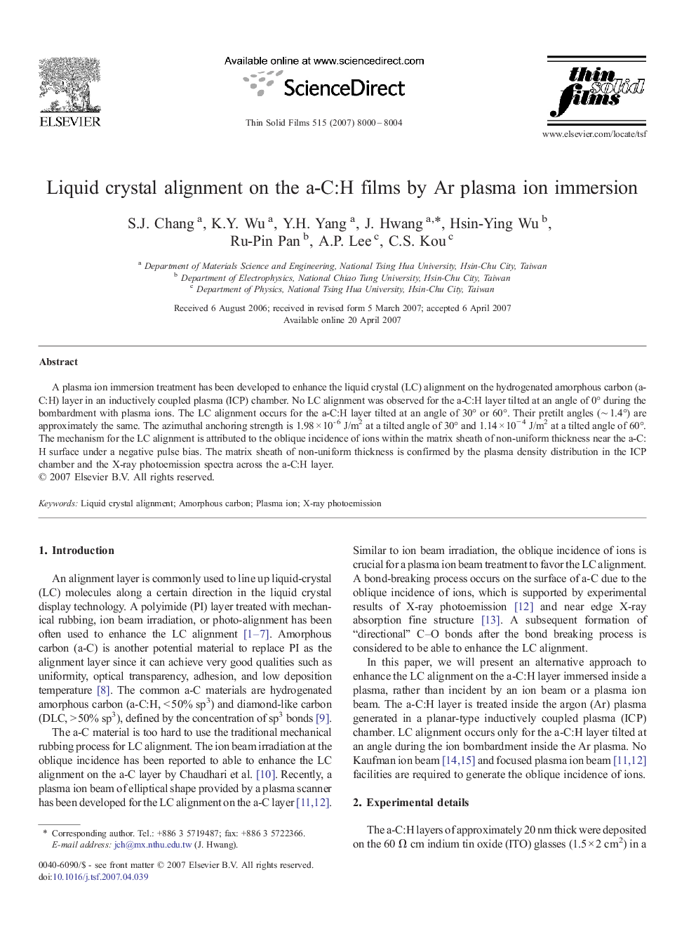 Liquid crystal alignment on the a-C:H films by Ar plasma ion immersion