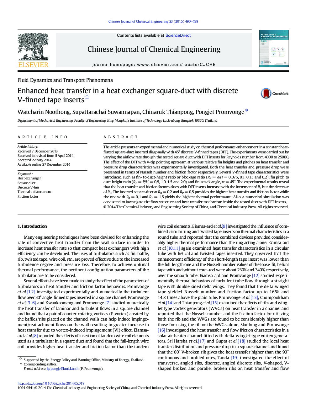 Enhanced heat transfer in a heat exchanger square-duct with discrete V-finned tape inserts 