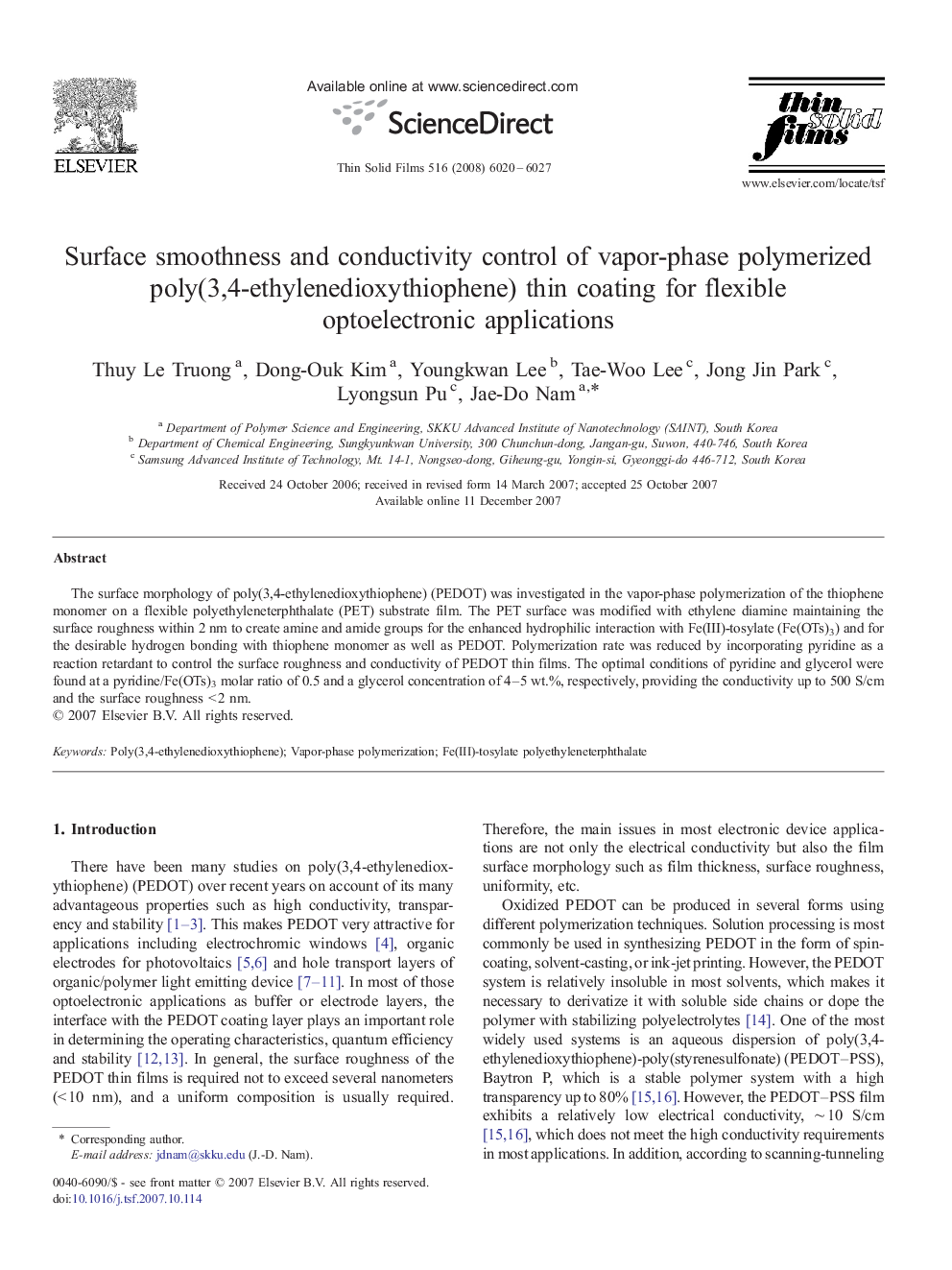 Surface smoothness and conductivity control of vapor-phase polymerized poly(3,4-ethylenedioxythiophene) thin coating for flexible optoelectronic applications