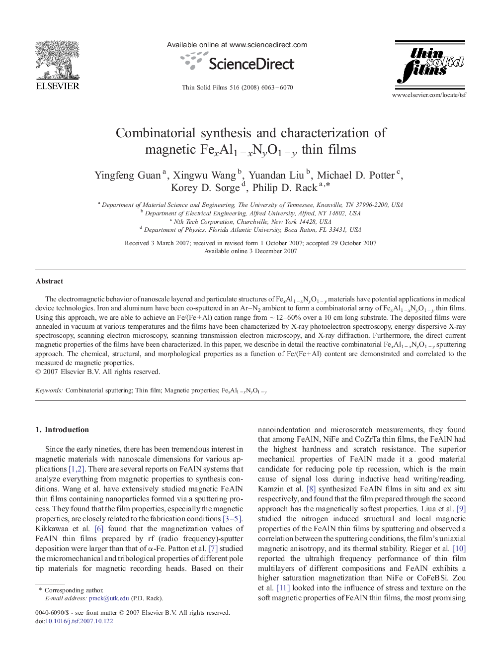 Combinatorial synthesis and characterization of magnetic FexAl1 − xNyO1 − y thin films