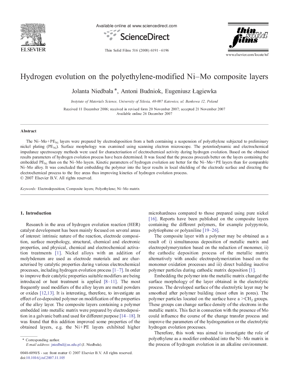 Hydrogen evolution on the polyethylene-modified Ni–Mo composite layers