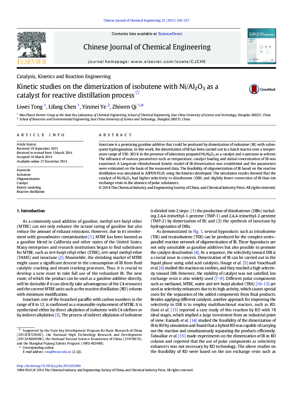 Kinetic studies on the dimerization of isobutene with Ni/Al2O3 as a catalyst for reactive distillation process 