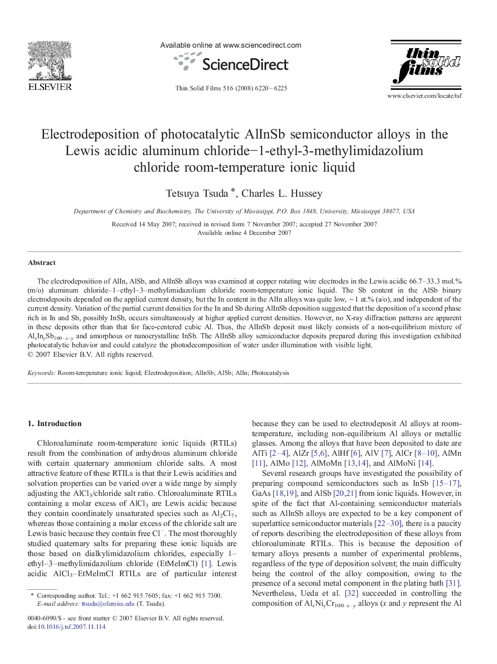 Electrodeposition of photocatalytic AlInSb semiconductor alloys in the Lewis acidic aluminum chloride−1-ethyl-3-methylimidazolium chloride room-temperature ionic liquid