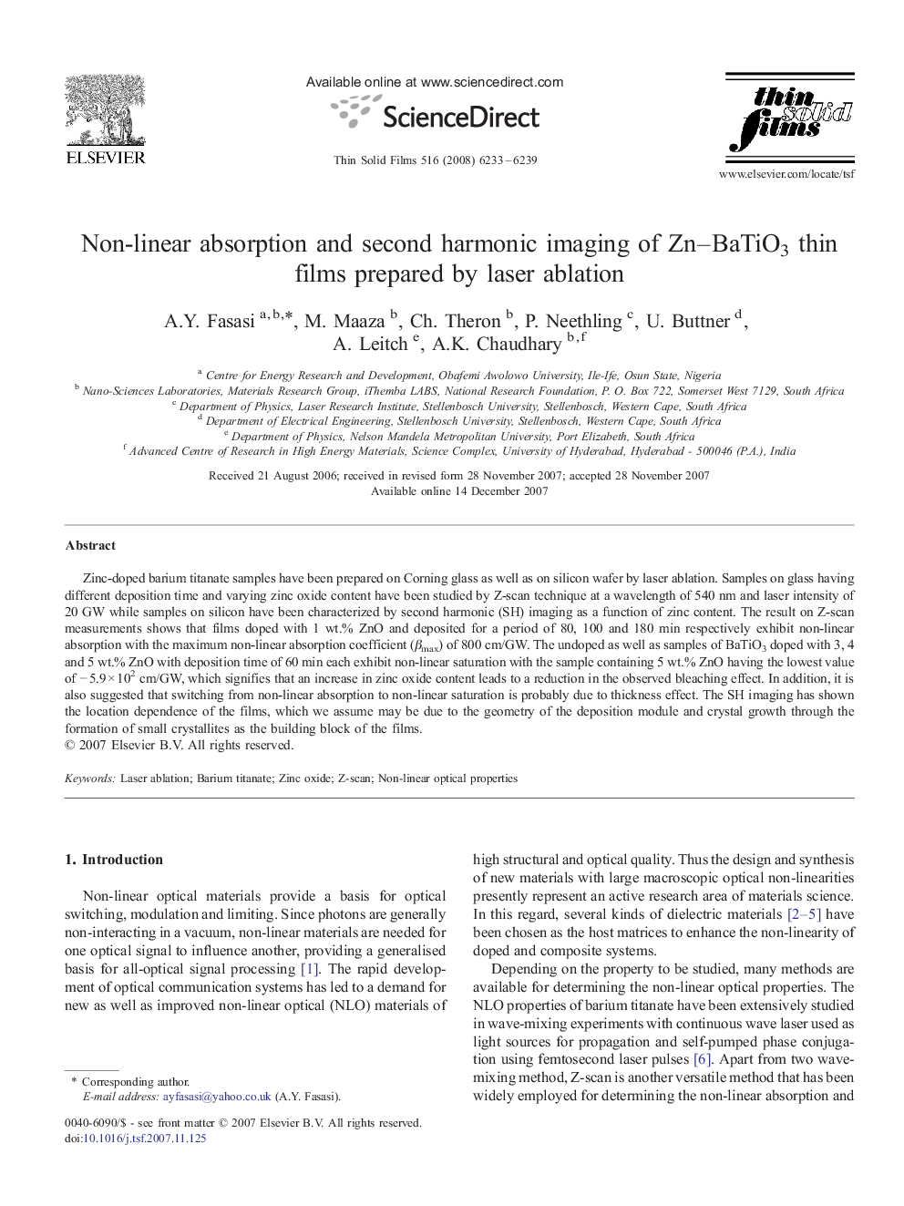 عکس صفحه اول مقاله: Non-linear absorption and second harmonic imaging of Zn–BaTiO3 thin films prepared by laser ablation Non-linear absorption and second harmonic imaging of Zn–BaTiO3 thin films prepared by laser ablation