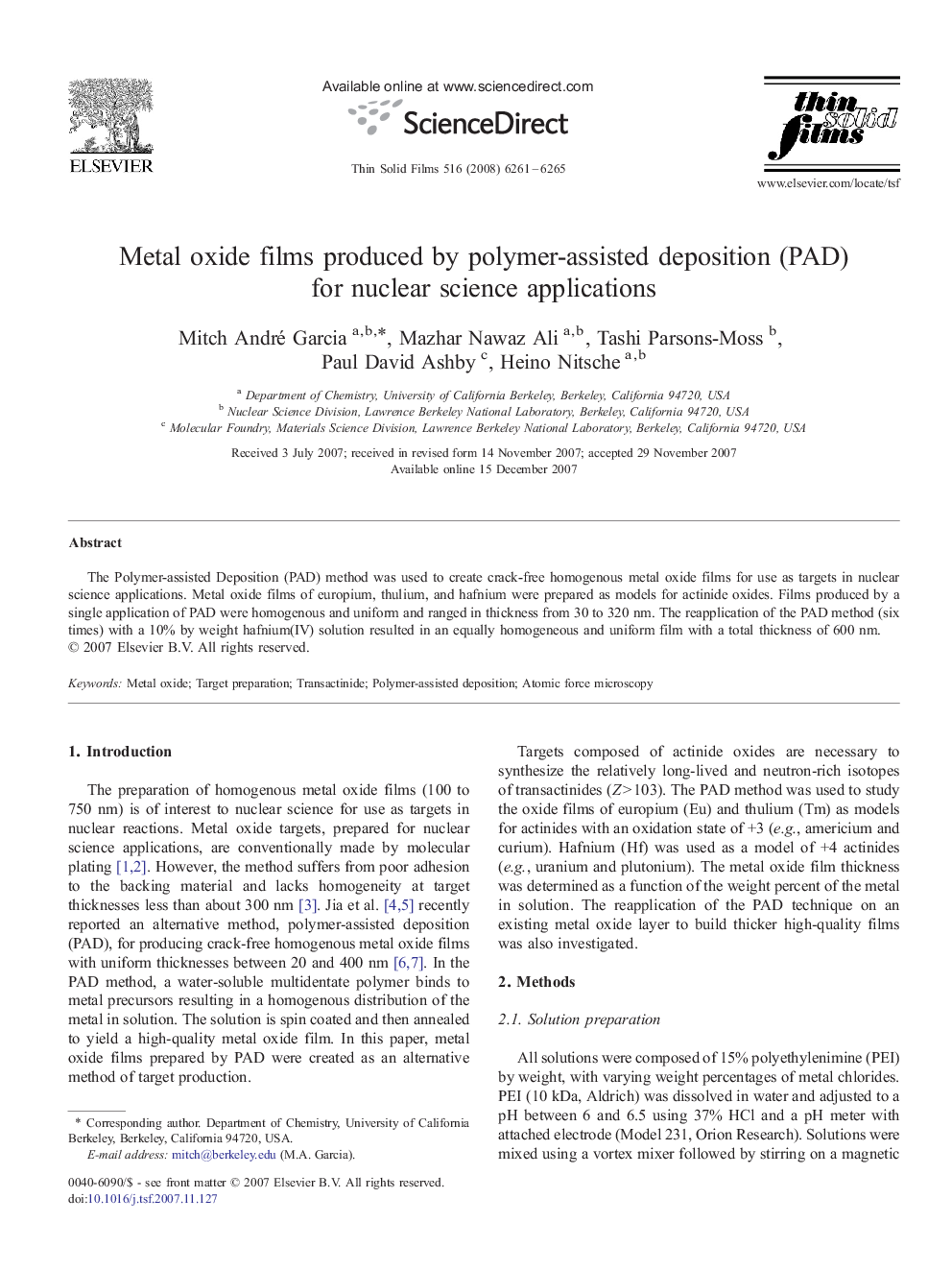 Metal oxide films produced by polymer-assisted deposition (PAD) for nuclear science applications