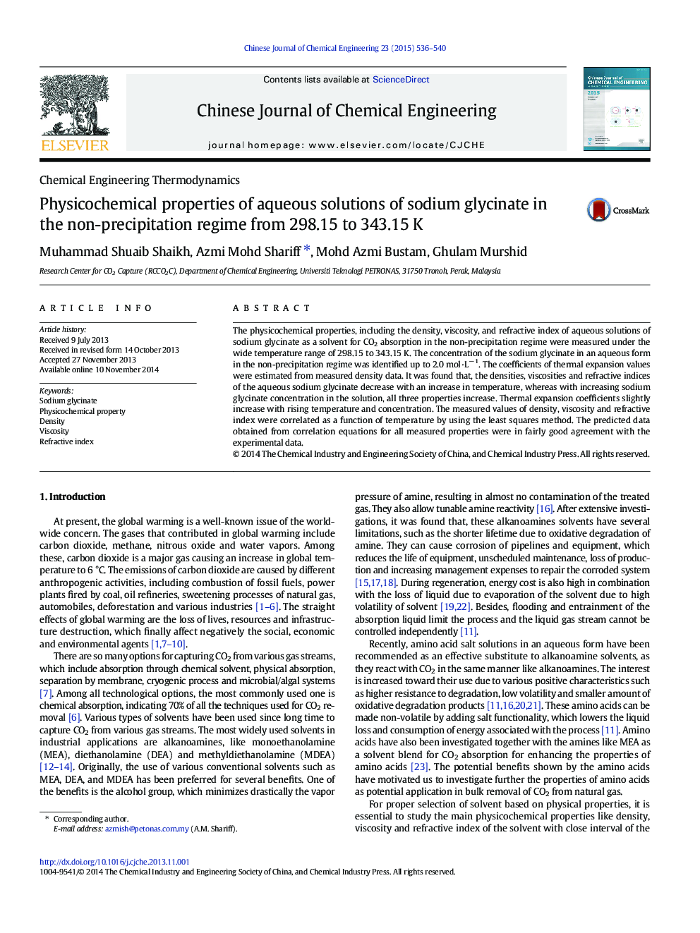 Physicochemical properties of aqueous solutions of sodium glycinate in the non-precipitation regime from 298.15 to 343.15 K