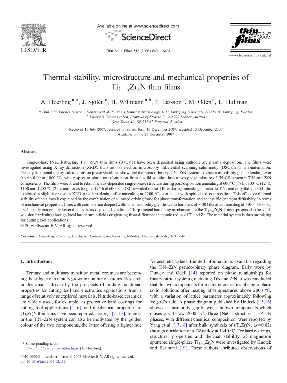 Thermal stability, microstructure and mechanical properties of Ti1 − xZrxN thin films