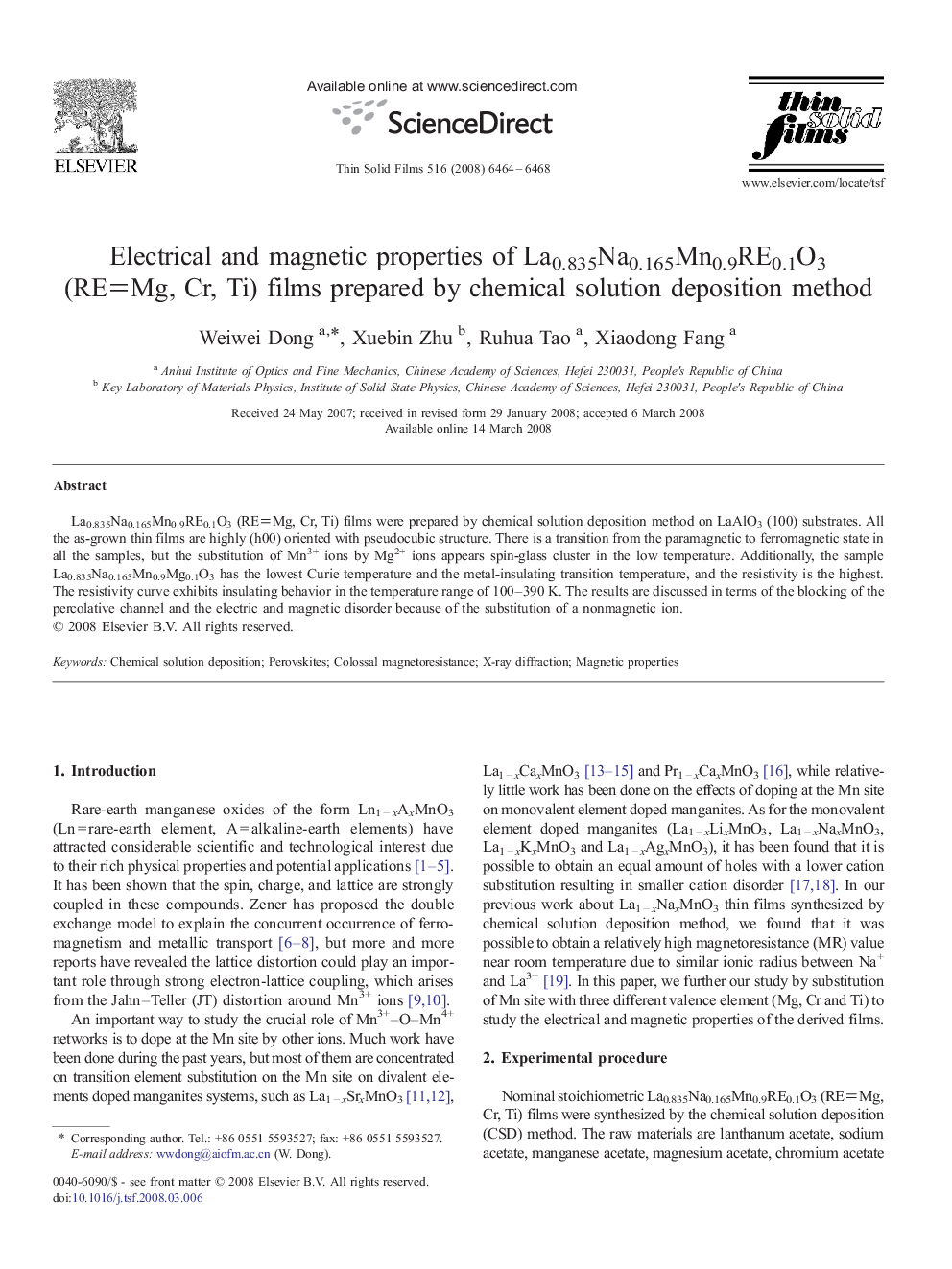 Electrical and magnetic properties of La0.835Na0.165Mn0.9RE0.1O3 (RE  Mg, Cr, Ti) films prepared by chemical solution deposition method