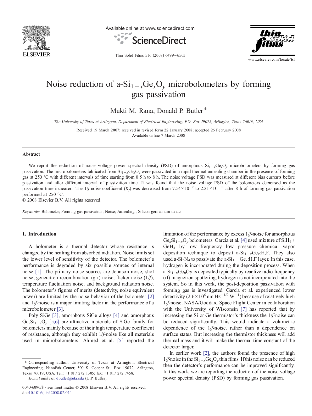 Noise reduction of a-Si1 − xGexOy microbolometers by forming gas passivation