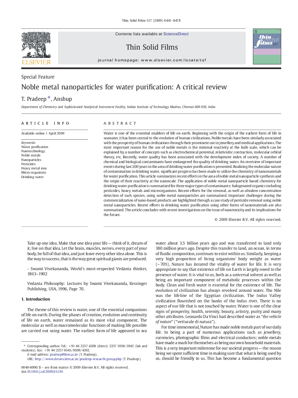 Noble metal nanoparticles for water purification: A critical review