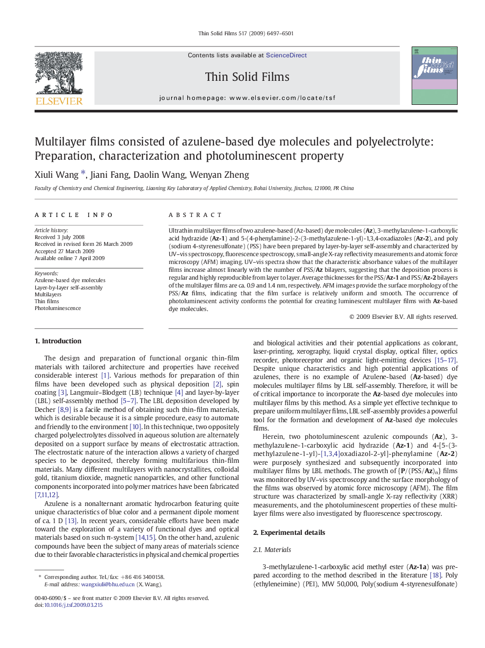 Multilayer films consisted of azulene-based dye molecules and polyelectrolyte: Preparation, characterization and photoluminescent property