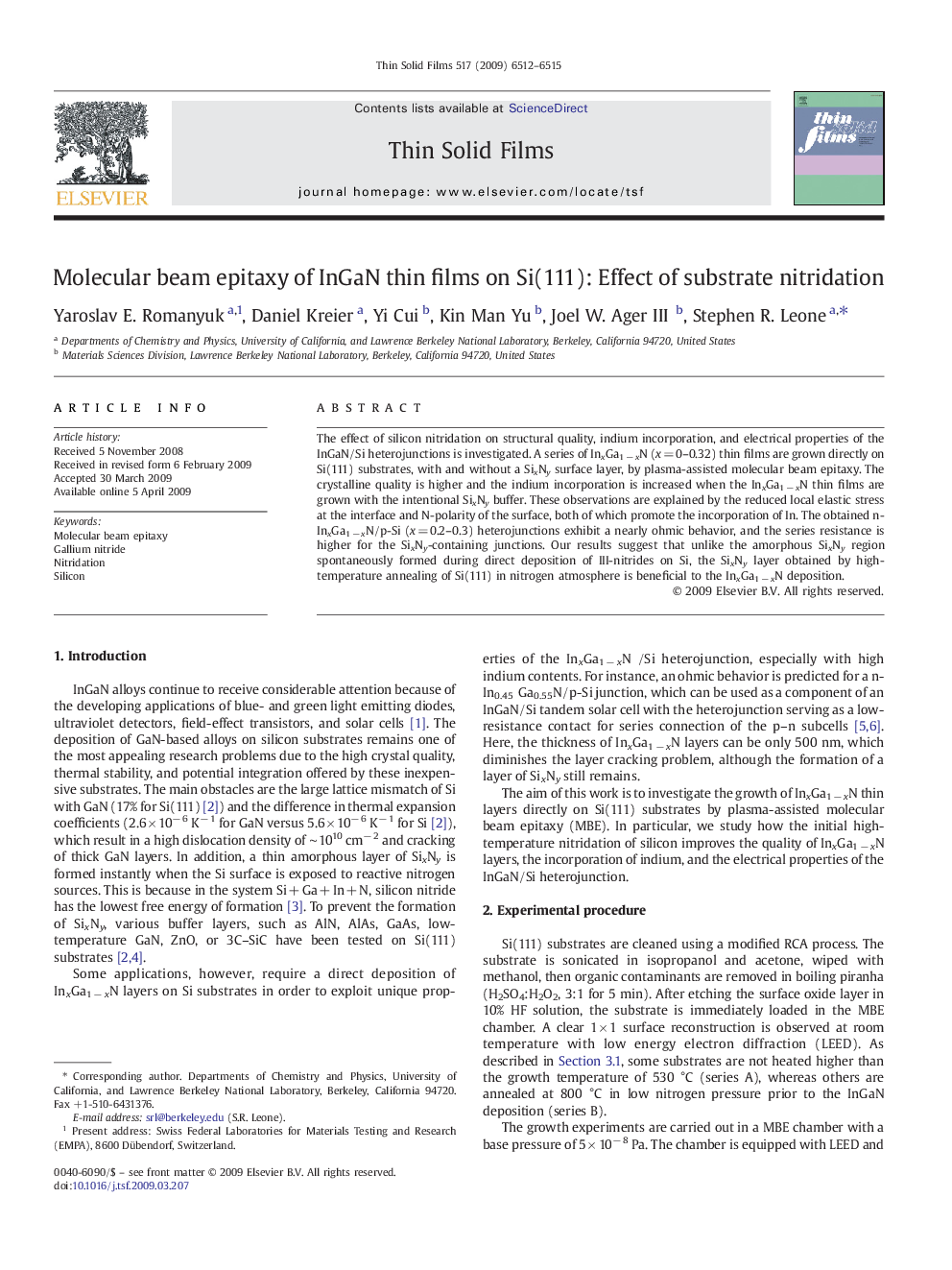 Molecular beam epitaxy of InGaN thin films on Si(111): Effect of substrate nitridation