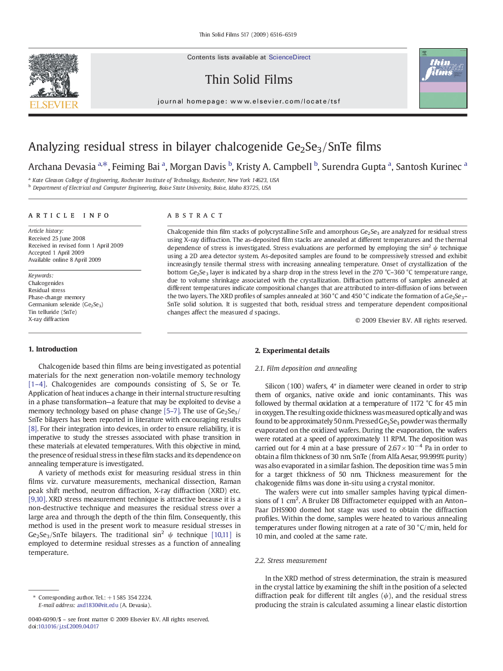 Analyzing residual stress in bilayer chalcogenide Ge2Se3/SnTe films